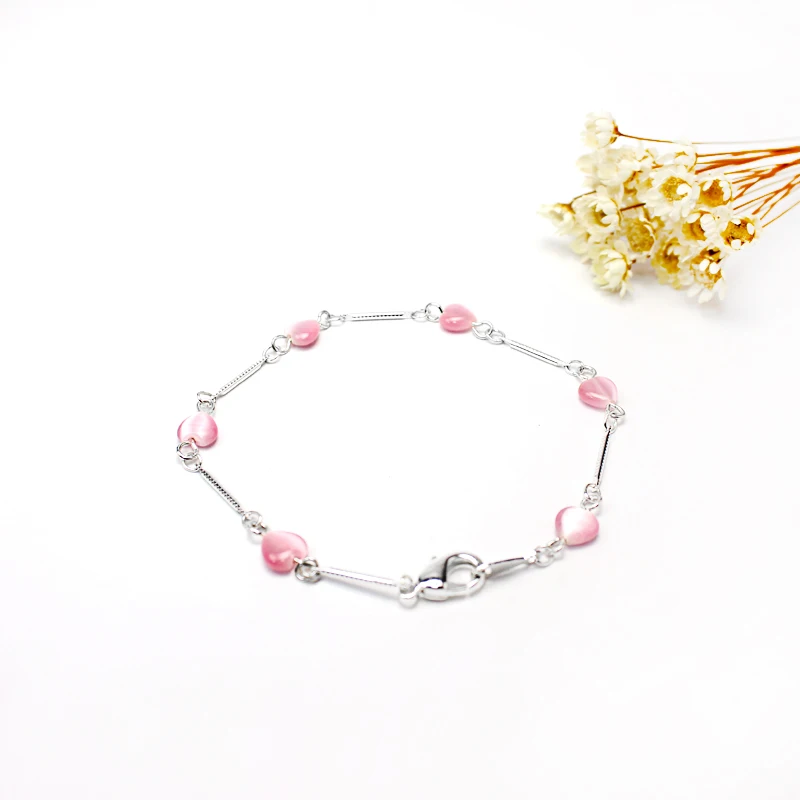 Женский браслет с розовым сердцем и огненным опалом Модные посеребренные