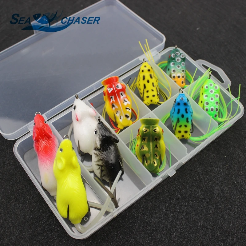 

Promotion! 10pcs Set Topwater Frog and Mouse Hollow Body Soft Fishing Lures Bass Hooks Baits Tackle Set and Tackle Box
