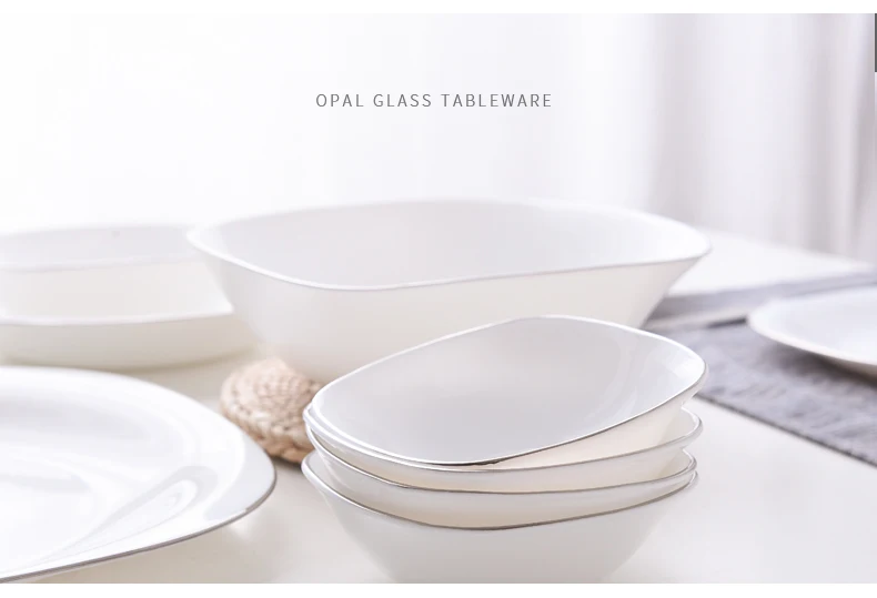 Golden Edge Square White Opal Glass Porcelain Deep Plates Dishes Tableware Steak Salad Bowl Breakfast Dish Plate