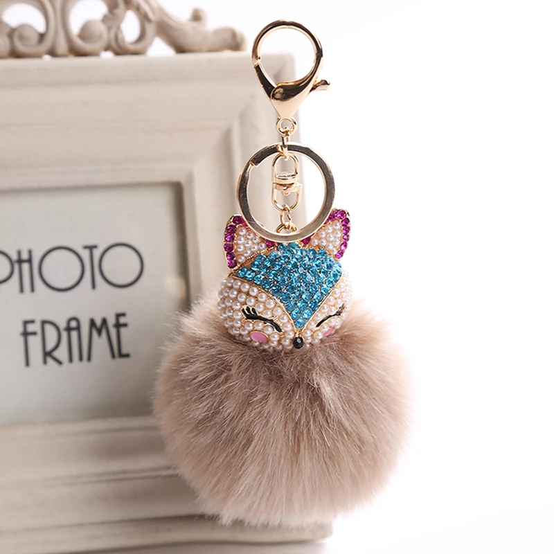 

Fox Keychain Pompom Car Keychain Fox Fur Ball with Artificial Fox Inlay Pearl Rhinestone Fur Key Chain Cool gifts Key Women