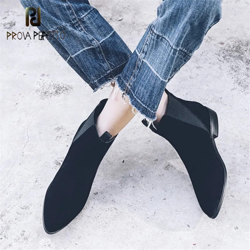 

Prova Perfetto 2018 Spring Autumn New Style Point Toe Shallow Ankle Boots Women Solid Real Cow Suede Slip-on Comfort Flat Boot