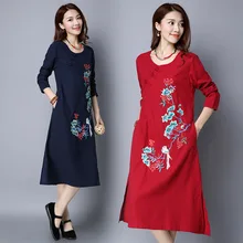 2017 Spring Women Long Dress O-Neck Cotton Linen Contrast Color Midi Dress Nice Embroidery Chinese Style Robe 2 Color
