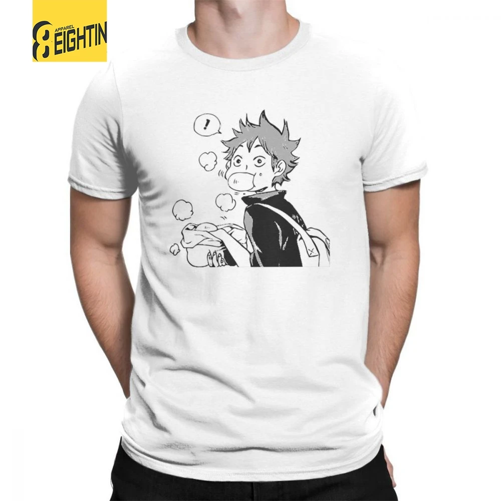 

Haikyuu T Shirts Hinata Eating Senpai's Pork Buns Big Size Short Sleeve Comic T-Shirts Apparel Male 100% Cotton Tee Shirt Big