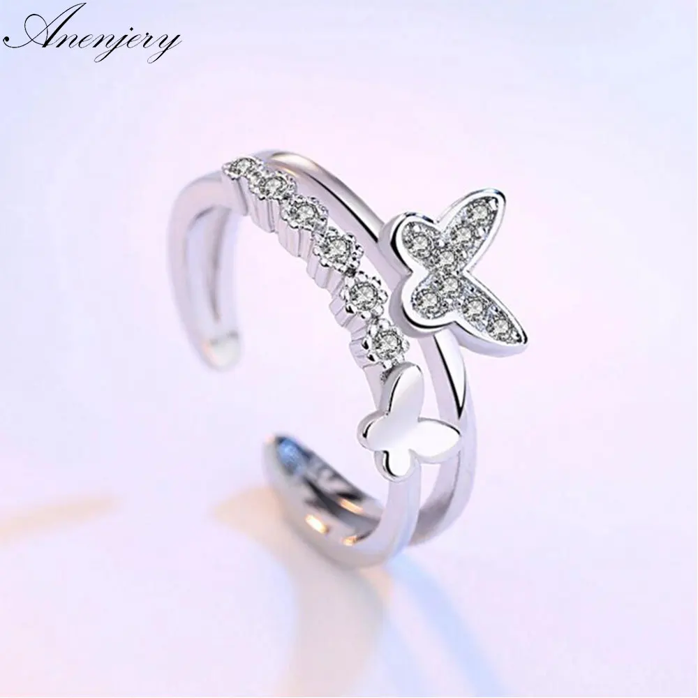 

Anenjery Newest 925 Sterling Silver Wedding Ring For Women Butterfly Zircon Luxury Opening Ring Valentine's Day Present S-R132