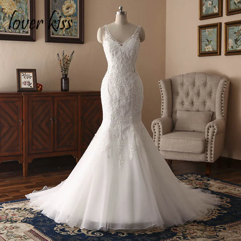 Lover Kiss V Neck Wedding Dress Mermaid Lace Vestidos De Noiva 2020 Backless Simple Bridal Gowns for women Custom svatební šaty