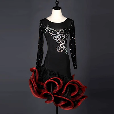 Пикантные с длинным рукавом Diamond Black Lace красный украшение Латинской платье для танцев Для женщин/девочек/леди танцевальная одежда Сальса юбки латиноамериканские сценические кл - Цвет: Черный