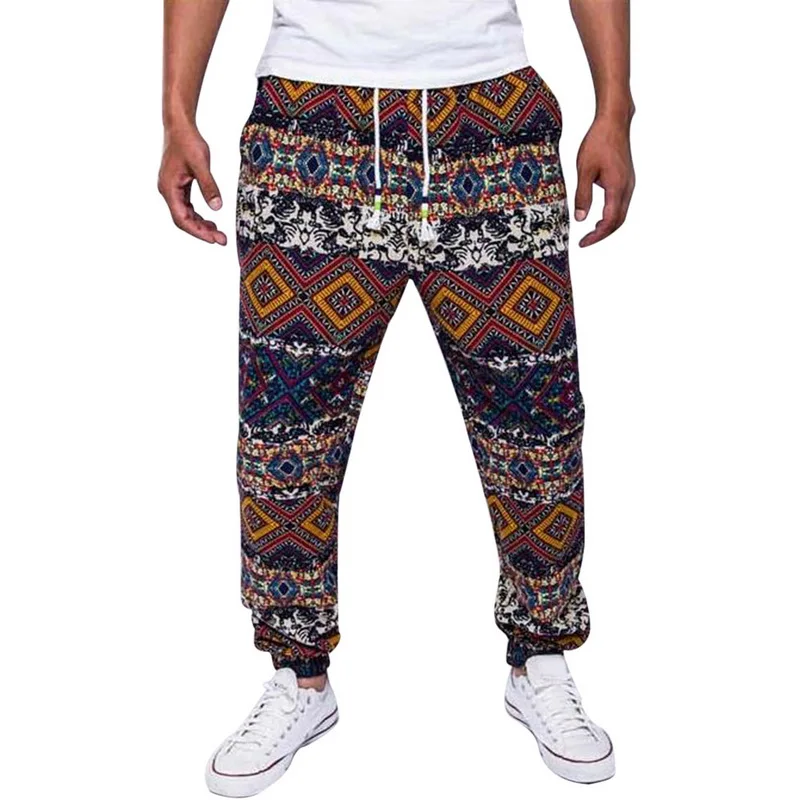 Laamei модные для мужчин Boho Цветочный геометрический узор обычный карандаш лен брюки для девочек мотобрюки Jogger дышащий пот плюс размеры 2XL