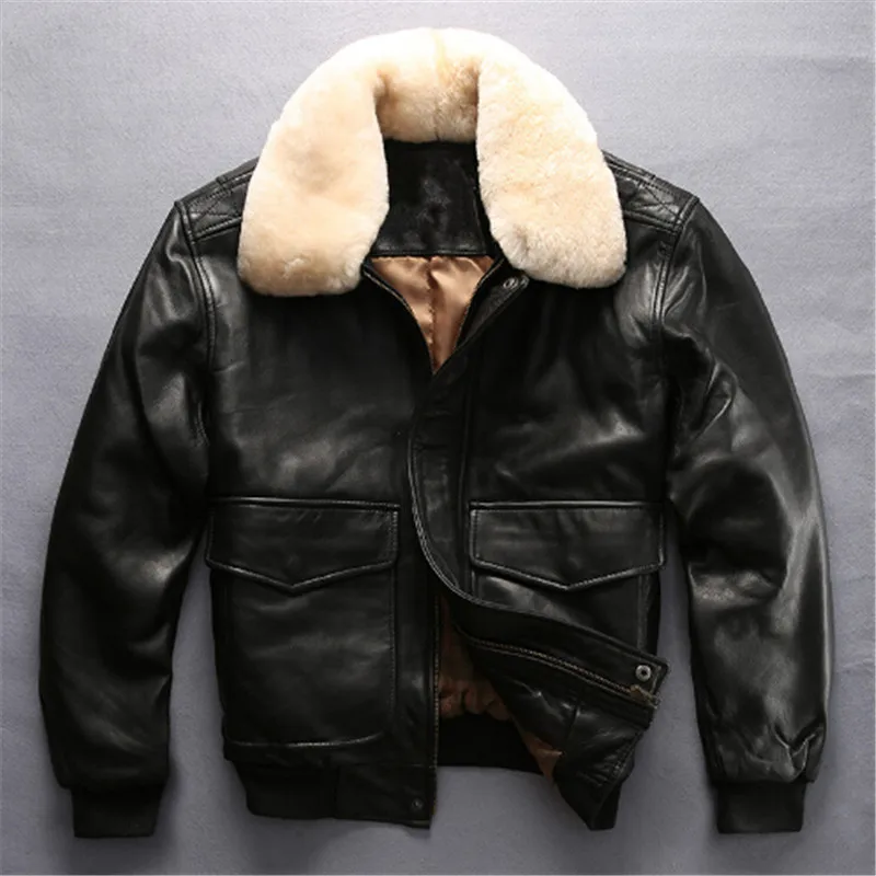 USAF A2 Leather Pilot Jacket Wool Collar Thick Genuine Sheepskin Slim ...