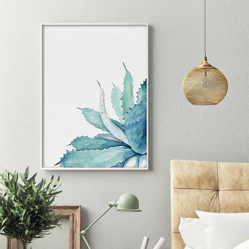 

Framed Watercolor Cactus Aloe Vera Scandi Art Painting Leaves Drawing Plant Illustration Green Blue Yellow Minimalist Wall Art