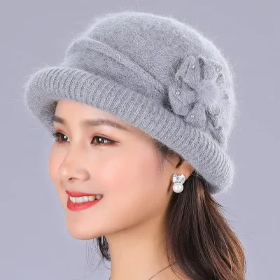 Ymsaid, Новое поступление, модная теплая шапка, шарф для женщин, зимняя шапка из кроличьей шерсти, теплая вязаная зимняя Вельветовая шапка для мамы, шарф, 2 шт - Цвет: gray Hat