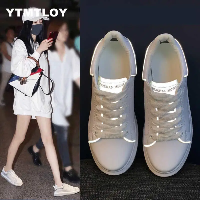 

Fluorescence Woman Comes With Sexy Kitten 2019 Spring Summer Small White Shoes Lace-up Trainers Fashion Casual Sneakers