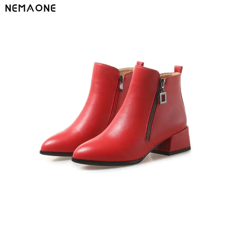 

NEMAONE Women Side Zipper low Heels Ankle Boots Fashion poined Toe Keep Warm Winter Shoes Black Red brown large size 43