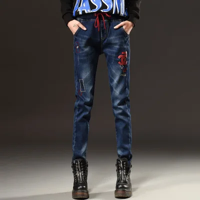 Повседневные джинсы женские зимние плюс бархатные толстые шаровары эластичные джинсы с талией женские свободные брюки джинсы H517 - Цвет: 9039