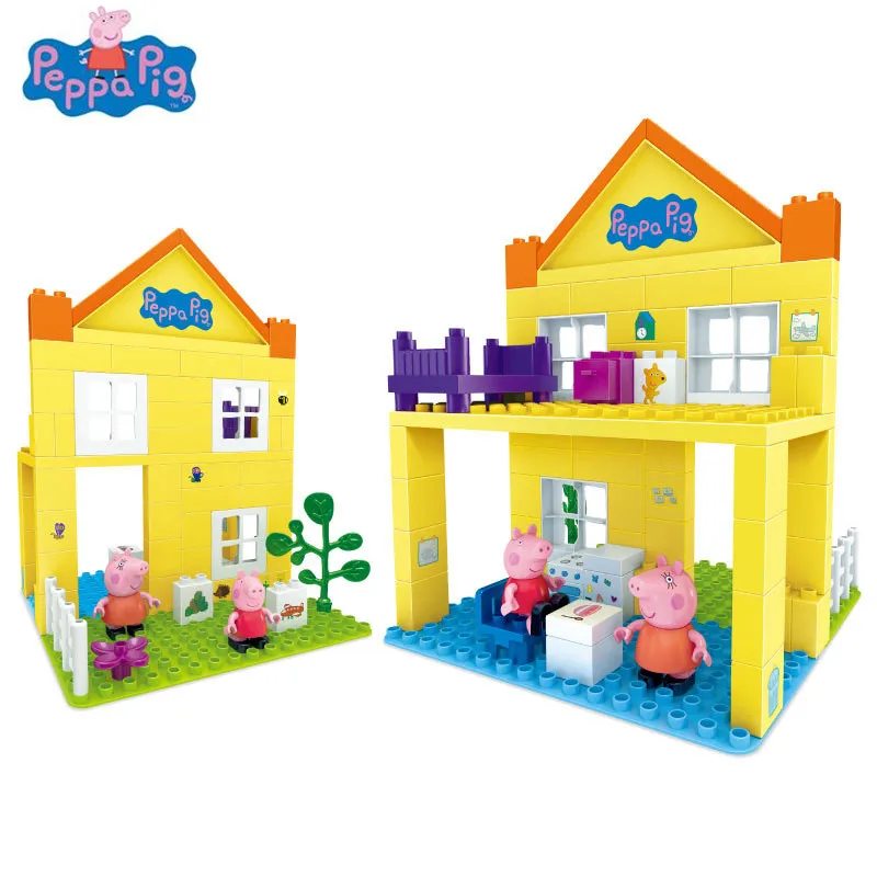 

Peppe Pig DIY Assembly Building Blocks Toys Set deluxe play House Set with Two dolls peppa and mummy toys