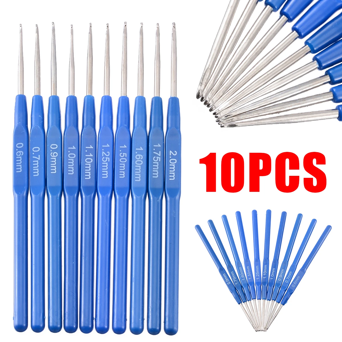 10pcs Blue Metal Knitting Needles Length 14mm Hook Size 0.6-2mm Crochet Hooks Tools Kit With Ergonomic Grips