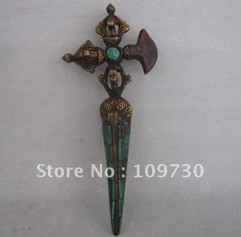 

Tibet Turquoise Coral Old Bronze Four Pronged Vajra Phurba Dagger Kartika Knife