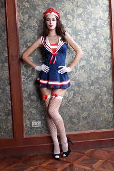 

5pcs Navy Uniform Women Sexy Sailor Costume Halloween Role Playing Carnival Party Costume with Hat \white Gloves\stockings\thong