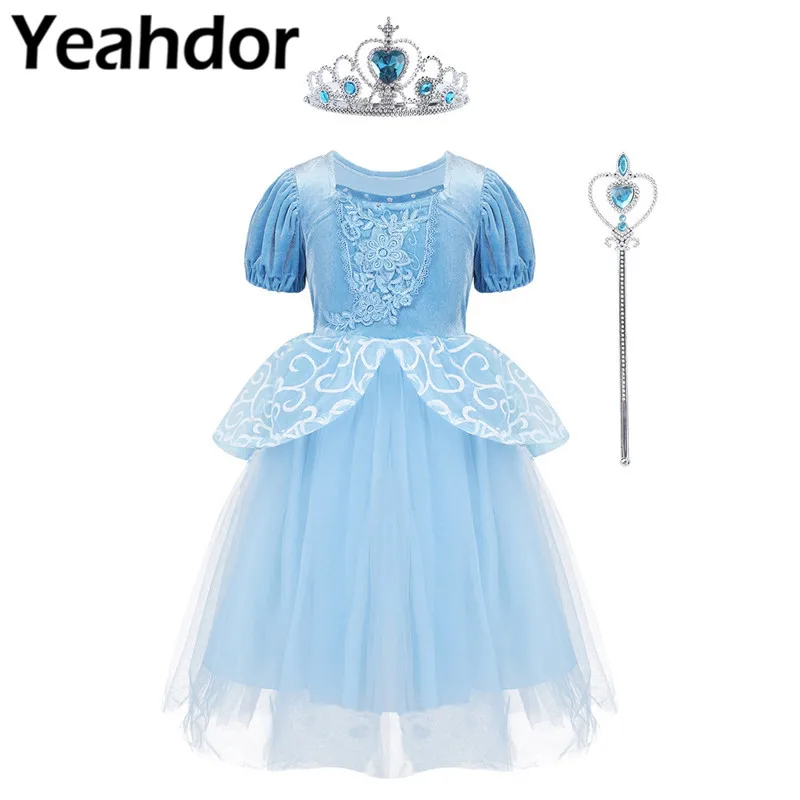 Детское нарядное платье принцессы с короткими рукавами и пышными рукавами, с короной, тиара и палочка, набор для дня рождения, платье с цветочным рисунком для девочек