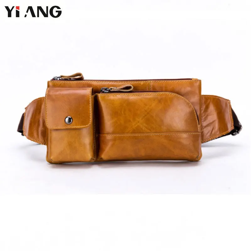 

YIANG Casual Genuine Leather Waist Packs Fanny Pack Belt Bag Phone Pouch Cowhide Oil Wax Travel Waist Pack Male Waist Belt Bag