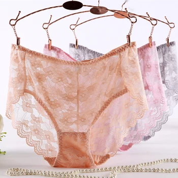 

Thin Large Size Panties for Women Sexy Lace Hollow Transparent Plus Size Mid Waist Briefs Big Female Underwear Xxxl