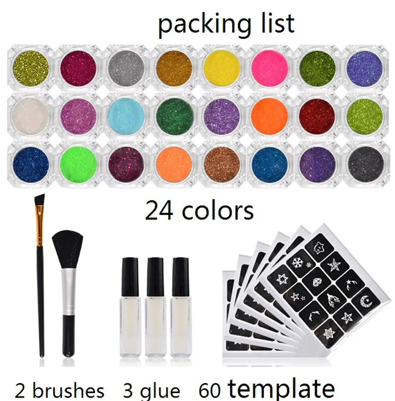 

24 Colors Shimmer Glitter Tattoo Kit Tattoo Stencil Set 3 Glue 2 Brushes 60 Models For Temporary Tattoo Body Art