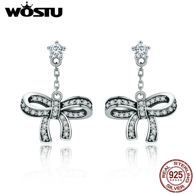 

WOSTU 925 Sterling Silver Lovely Bowknot Drop Earrings With Clear CZ For Women Original Authentic Luxury Fashion Jewelry CQE403