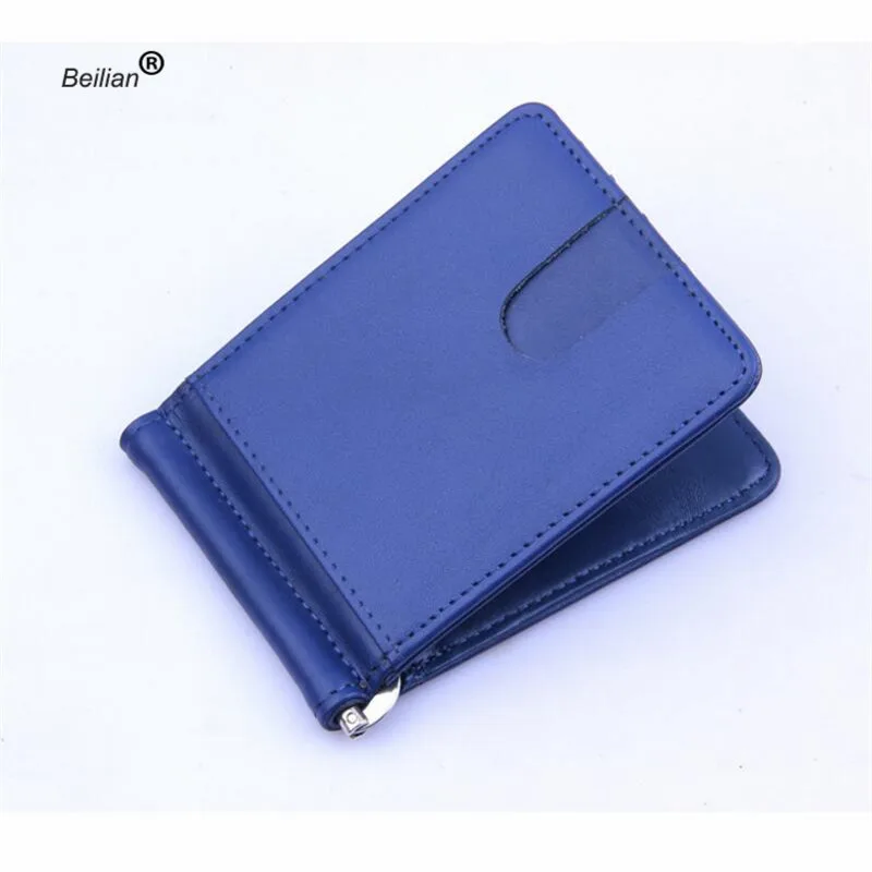 Top Quality Wallet Men Money Clip Mini Wallets Male Vintage Crazy Horse Genuine Leather Purse Leather Card Holers with Clamp - Цвет: blue