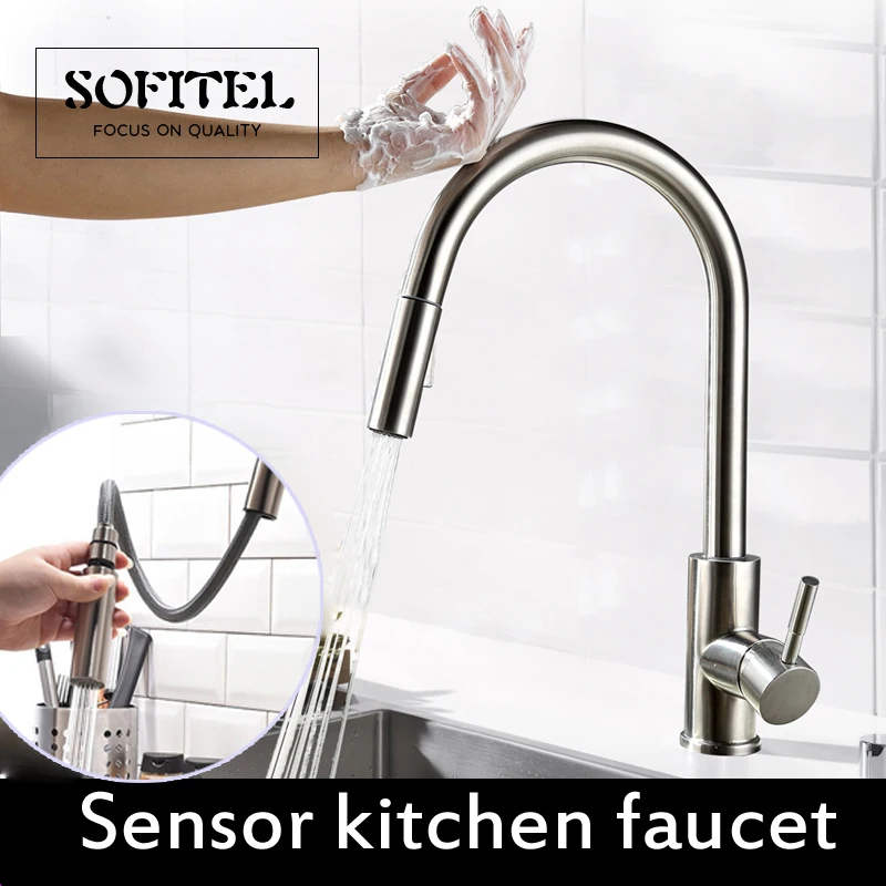 

Kitchen Faucet Brushed Nickel Single Handle Single Hole 360 Pull Down Mixer Taps Sensor Kitchen Faucet Dual Sprayer Spouts