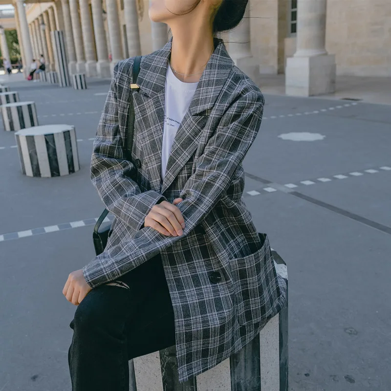 Casual Plaid Women Summer Autumn Double Breasted Female Suit Coat