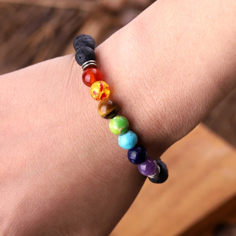 

Chakra Bracelet Men Black Lava Healing Balance Beads Reiki Buddha Prayer Natural Stone Yoga Bangles For Women