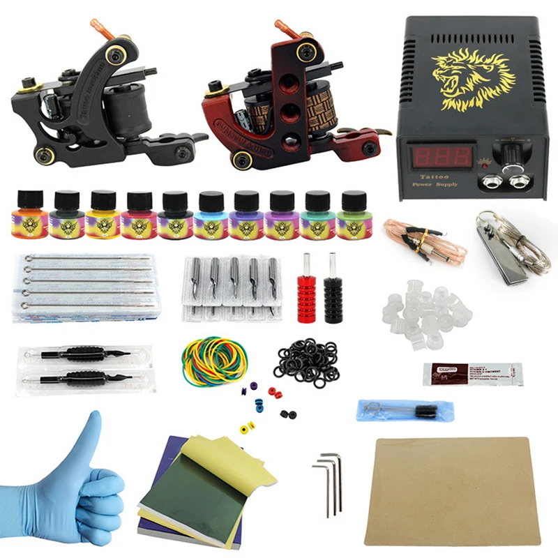 Complete profession Tattoo kits 10 wrap coils 2 guns machine 10 tattoo ink sets power supply disposable needle clip cord tattoo kit completed tattoo kits 8 wrap coils guns machine 4 color tattoo ink sets power supply disposable needle