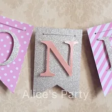 На заказ Серебряный Блестящий баннер для первого дня рождения Горячая девушка для празднования первого дня рождения украшение принцесса розовый горошек полосы одна гирлянда