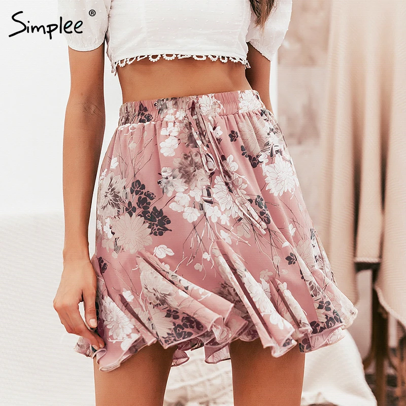 

Simplee Bohemian floral print women skirt Elastic high waist ruffled mini skirt female Casual summer beach short skirts 2019
