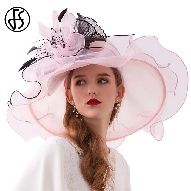 FS-sombreros de Organza rosa para mujer, sombrero elegante de Iglesia,  fiesta de té, boda, ala