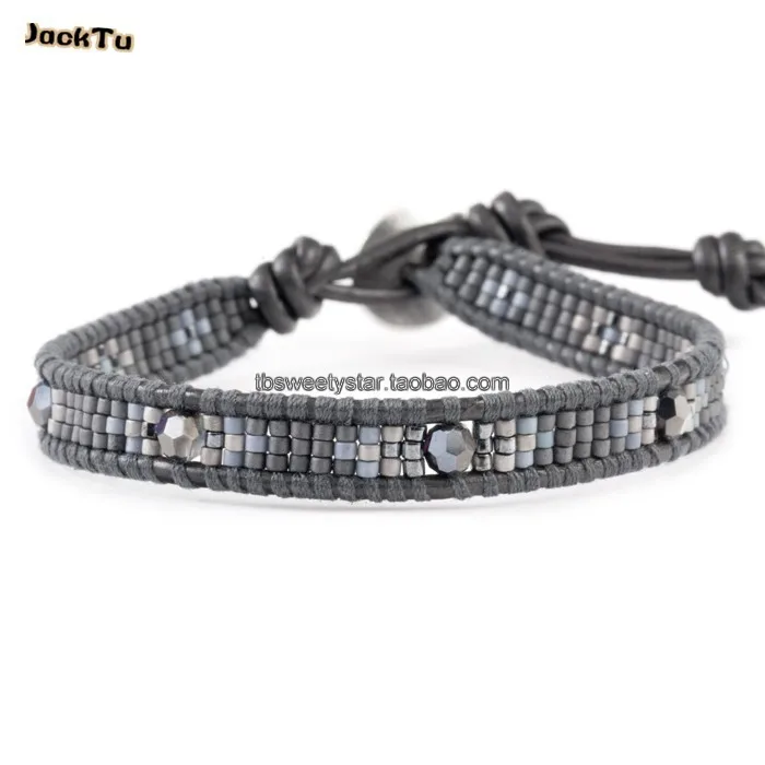 

grey mixed seed beads leather wrap bracelet lucky
