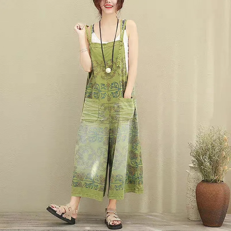 Pierna Las De Denim Overoles Casuales Marrón verde Vaqueros El Más Vintage Algodón Mezclilla Pantalones Mujeres Tamaño Ancha qnU4t4OHw