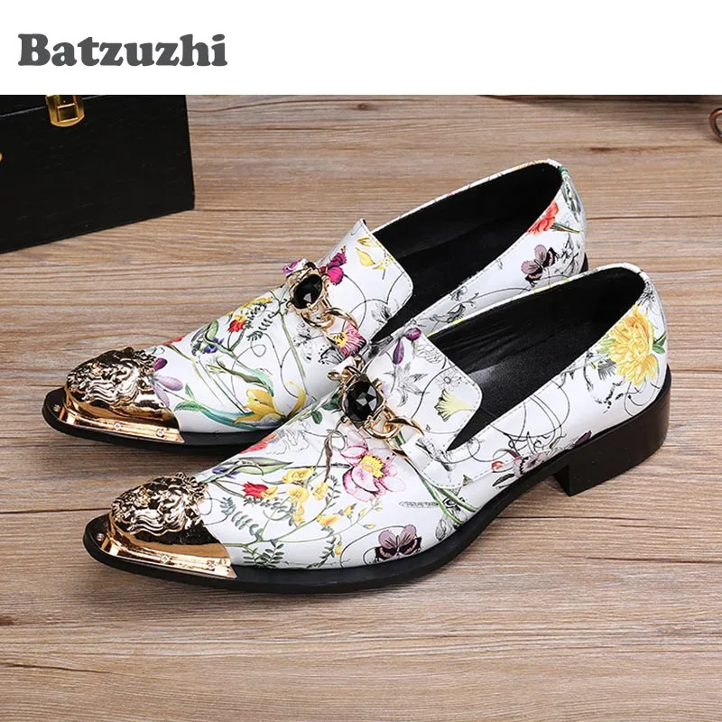 Batzuzhi итальянский Стиль ручной работы Пояса из натуральной кожи Обувь Для мужчин острым металлическим носком белый Цветочный принт кожа