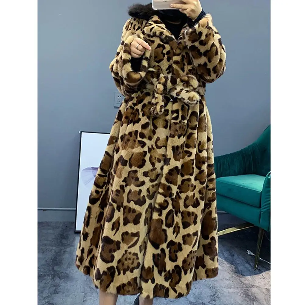 

2019 New Real Women's Imported Mink Fur Coat Leopard Fashion Long Women's Fur Coat Women's Thick Warm Fur Jacket