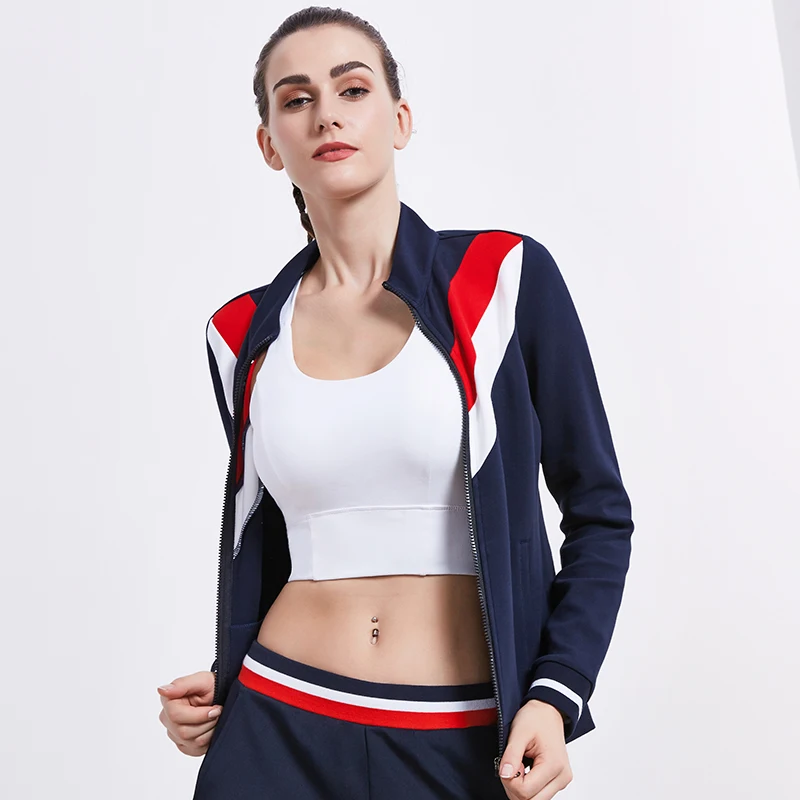 

Women's Long Sleeve Jacket Cotton Polyester Stand Collar Running Tennis Coat Contrast Color Sweatshirt Outdoor Sports Jacket