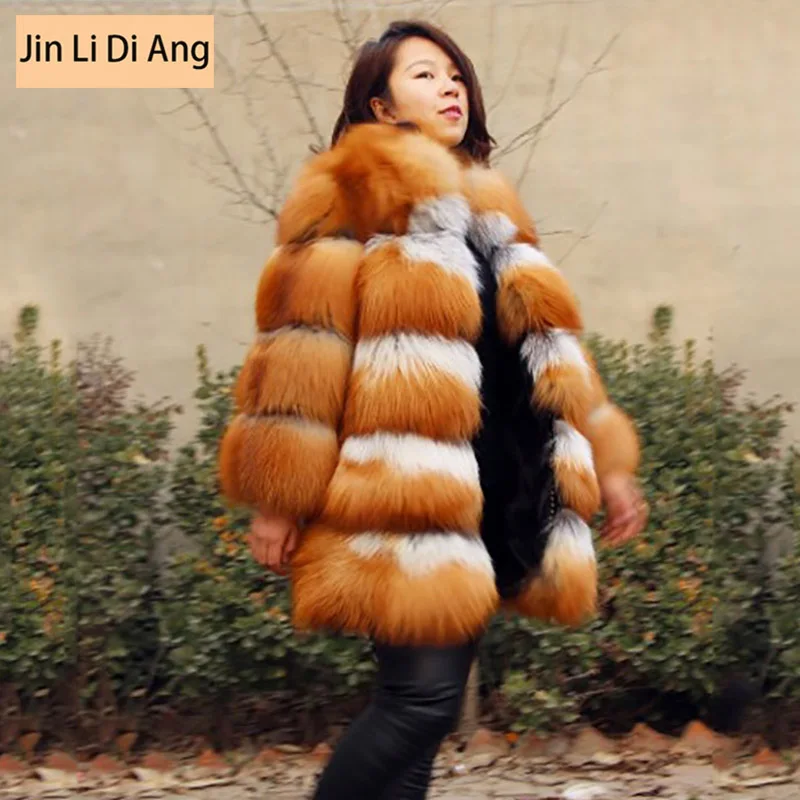Jin Li Di Ang Women Natural Real Red Fox Silver Fur Coats with Collar Jacket Winter Warm Full Pelt Leather Vest | Женская одежда