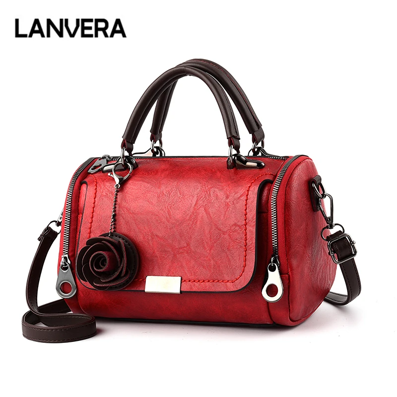 

LANVERA brand women solid boston totes flowers rivet handbag high quality lady evening purse messenger crossbody shoulder bags