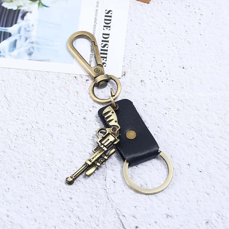 Punk Metal Weapon Model Keychain Male Metal Gun Key Chain Car Wallet Bag Keyring Genuine Leather