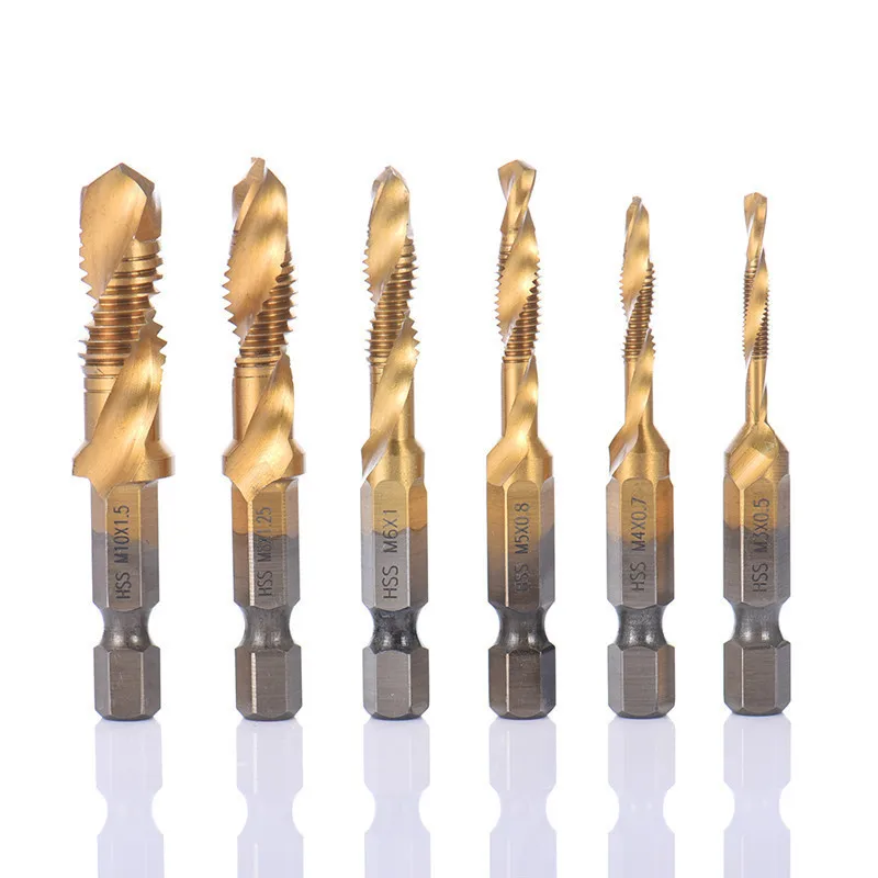 Titanium Hand Tap Boren Hex Schacht Hss Schroef Spiraal Punt Draad Metrische Plug M2 M3 M4 M5 M6 M8 M10 Fit Metalen Staal 6pcs