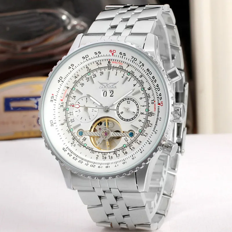 JARAGAR الساعات الفاخرة الرجال يوم شهر توربيون ساعات آلية التلقائي الفولاذ المقاوم للصدأ ساعة رجالي ساعة اليد مع هدية مربع JARAGAR الساعات الفاخرة الرجال يوم شهر توربيون ساعات آلية التلقائي الفولاذ المقاوم للصدأ ساعة رجالي ساعة اليد مع هدية مربع