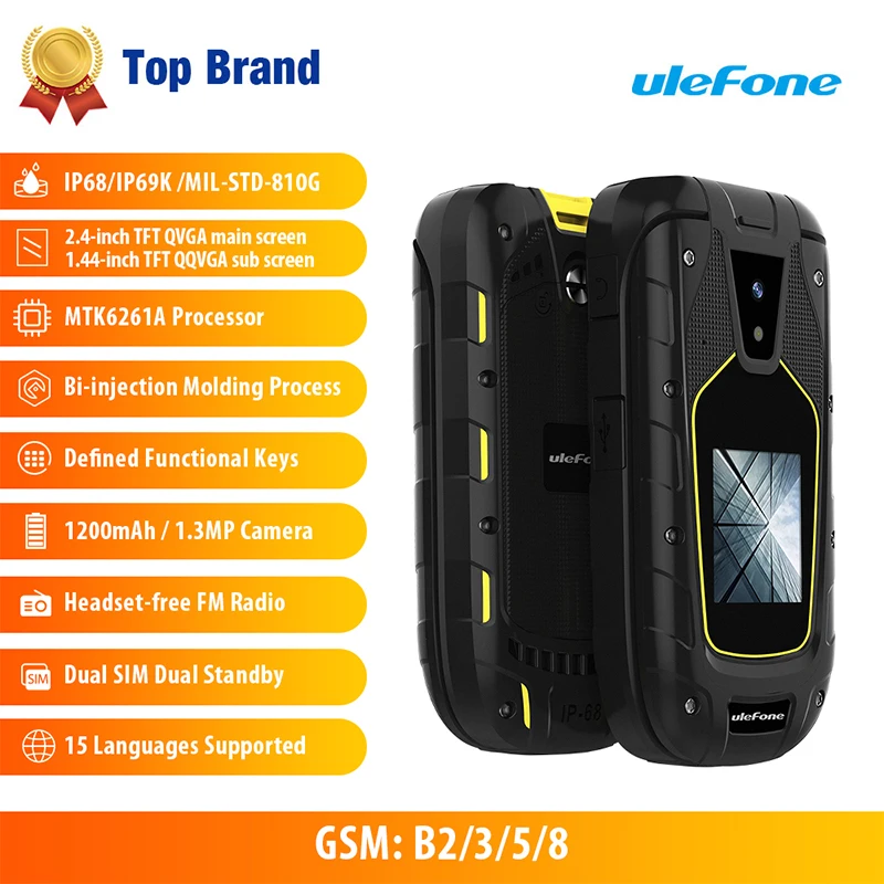 

Ulefone Armor Flip Mobile Phones IP68/IP69K Waterproof Dual Screen 2.4"+1.44" Dual SIM 1.3MP 1200mAh FM Radio Rugged Cell Phones
