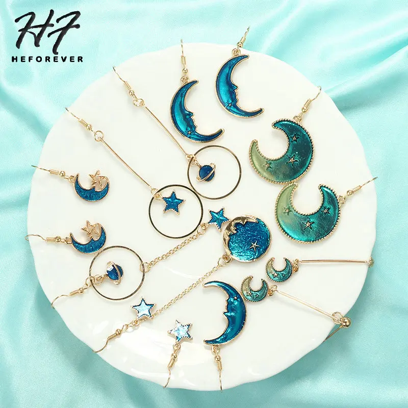 Romantic Dreaming Gold Color Sun Moon Star Earth Drop Earrings for Women Geometric Electroplate Piercing Earing Jewelry KB332