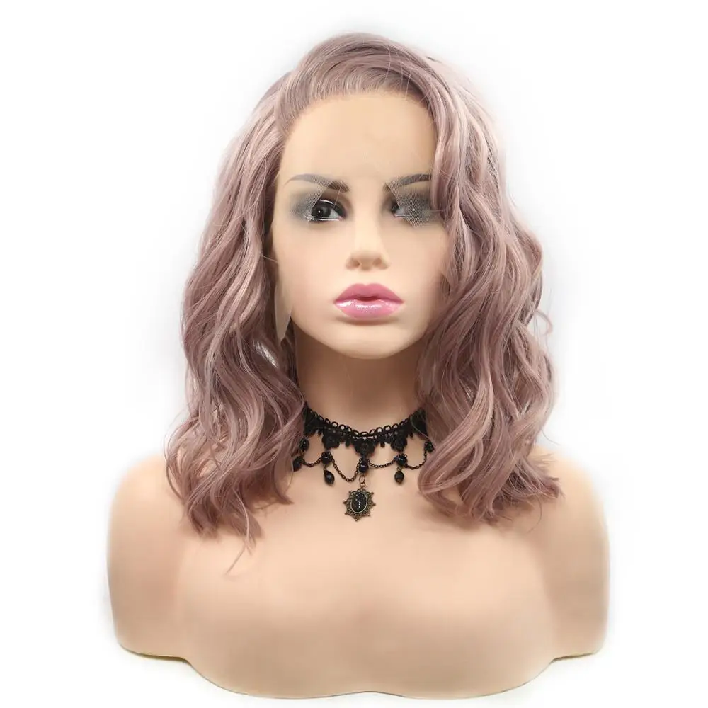 

High Temperature Fiber Synthetic Lace Front Wigs Pink Natural Wave Short Bob Wigs Shoulder Length 14"Inches 150% Density