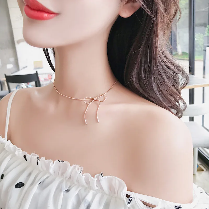 

Stainless steel Bow Choker Necklace Rose Gold Short chain necklace for women