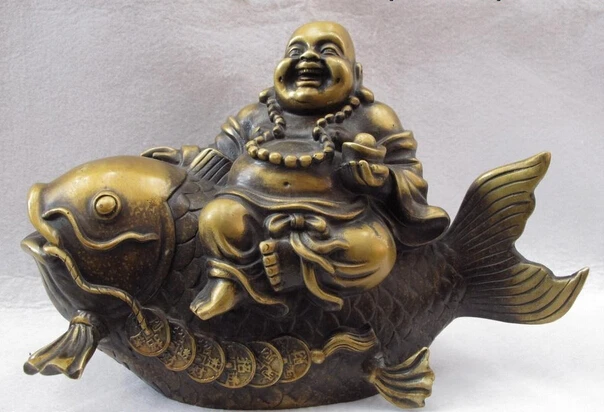 

USPS to USA S1103 Chinese Folk Copper Bronze Lucky wealth Ride Fish YuanBao Maitreya Rohan Statue B0401