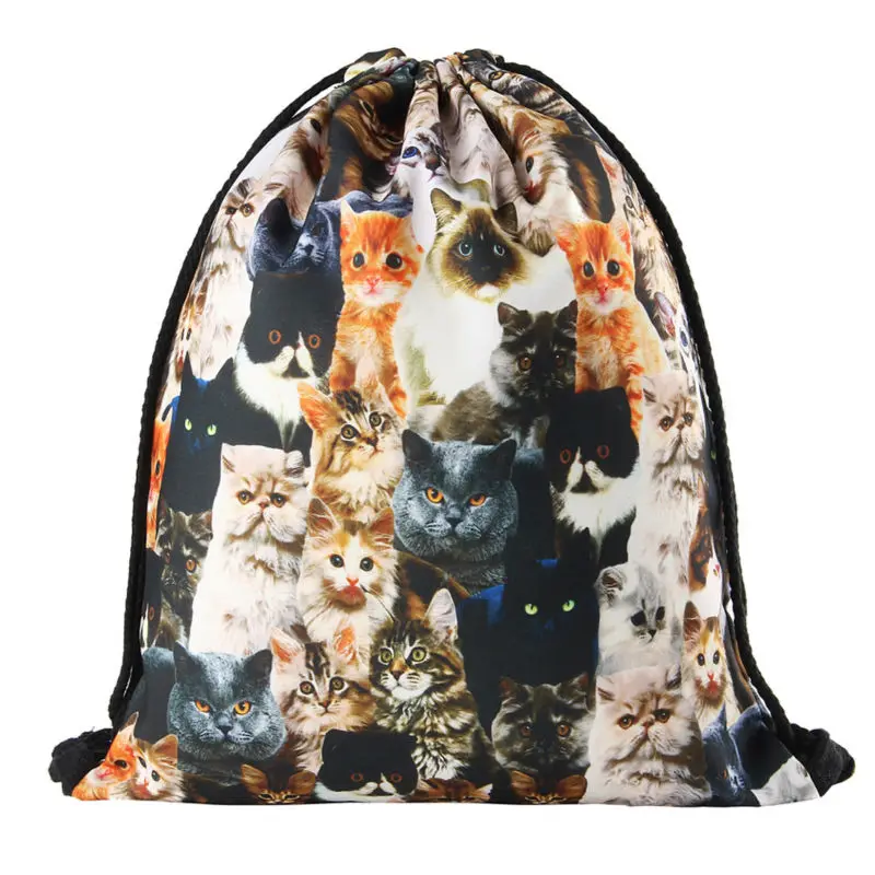

2016 new drawstring backpack women Fashion 3D Printing Cats Ombre High Quality Women Drawstring Bag School girl Backpacks
